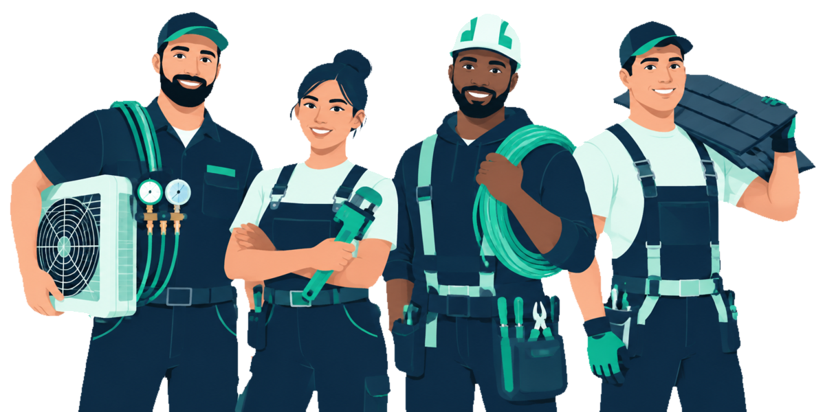 An HVAC tech, plumber, electrician and roofer standing together